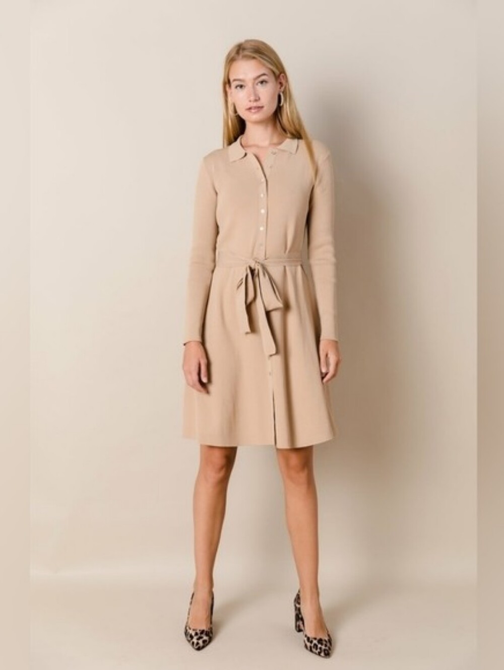 Apparalel Ribbed Knit Button Down Dress in Latte